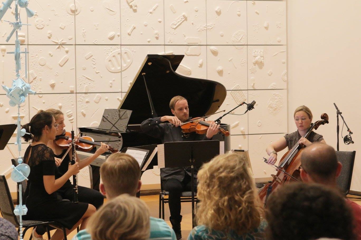 Performing Martin Bresnick's Going Home alongside Bang on a Can All-Star cellist Ashley Bathgate (who will be featured in a September 2017 Dots+Loops show in Brisbane). Image courtesy of Massachusetts Museum of Contemporary Art.